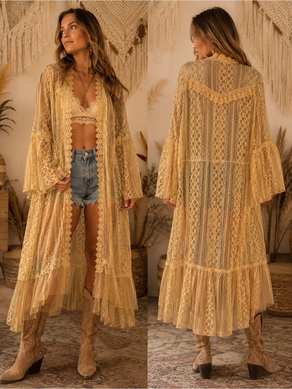 Origami XXL Sheer Lace Duster Kimono in Mustard